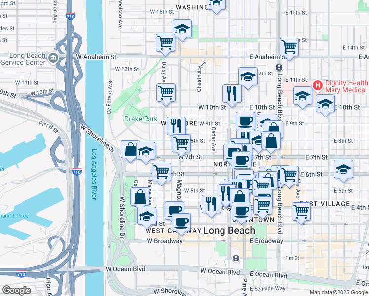 map of restaurants, bars, coffee shops, grocery stores, and more near 403 North Virginia Court in Long Beach