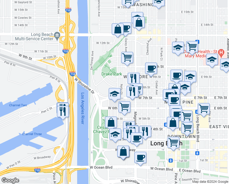 map of restaurants, bars, coffee shops, grocery stores, and more near 707 Maine Avenue in Long Beach