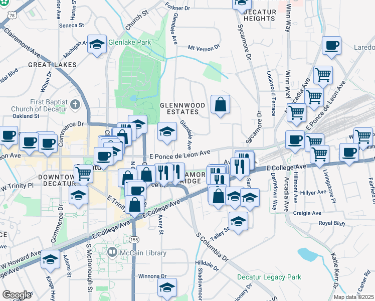 map of restaurants, bars, coffee shops, grocery stores, and more near 535 East Ponce de Leon Avenue in Decatur