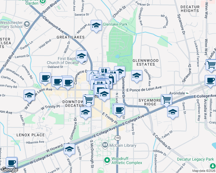 map of restaurants, bars, coffee shops, grocery stores, and more near 216 East Ponce de Leon Avenue in Decatur