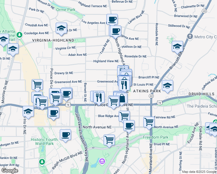 map of restaurants, bars, coffee shops, grocery stores, and more near 980 Saint Charles Avenue Northeast in Atlanta