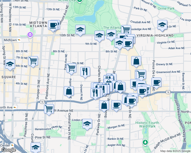 map of restaurants, bars, coffee shops, grocery stores, and more near 418 5th Street Northeast in Atlanta
