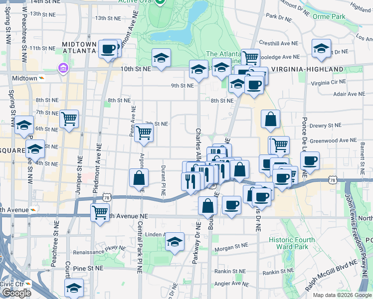 map of restaurants, bars, coffee shops, grocery stores, and more near 418 5th Street Northeast in Atlanta
