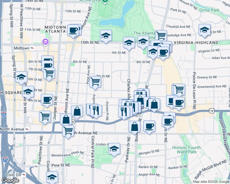 map of restaurants, bars, coffee shops, grocery stores, and more near 374 5th Street Northeast in Atlanta