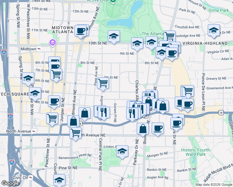 map of restaurants, bars, coffee shops, grocery stores, and more near 374 5th Street Northeast in Atlanta