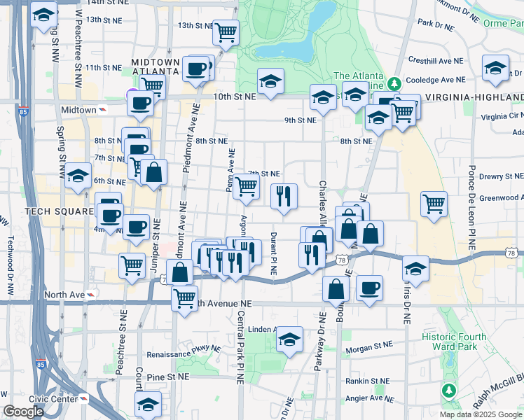 map of restaurants, bars, coffee shops, grocery stores, and more near 327 6th Street Northeast in Atlanta