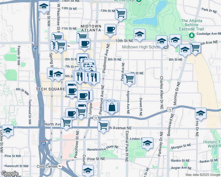 map of restaurants, bars, coffee shops, grocery stores, and more near 761 Piedmont Avenue Northeast in Atlanta