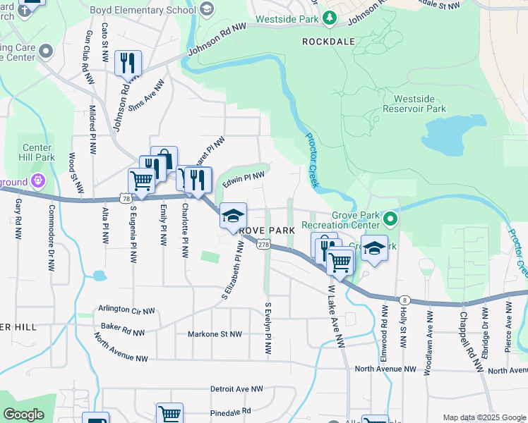 map of restaurants, bars, coffee shops, grocery stores, and more near 780 North Evelyn Place Northwest in Atlanta