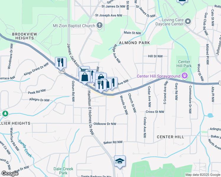 map of restaurants, bars, coffee shops, grocery stores, and more near 2548 Bellview Avenue Northwest in Atlanta