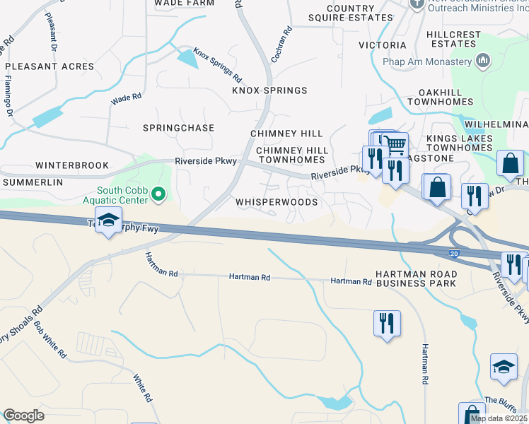 map of restaurants, bars, coffee shops, grocery stores, and more near 695 Whisper Trail in Austell