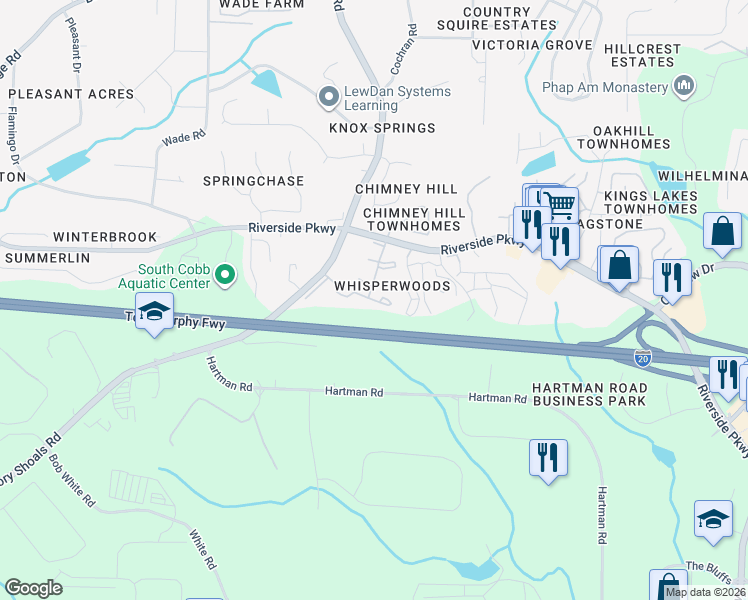 map of restaurants, bars, coffee shops, grocery stores, and more near 648 Whisper Trail in Austell