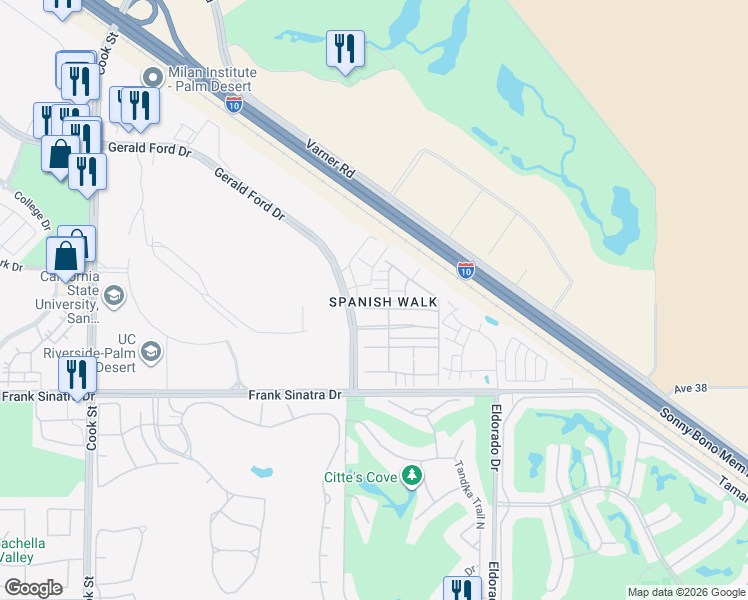 map of restaurants, bars, coffee shops, grocery stores, and more near 222 Paseo Gusto in Palm Desert