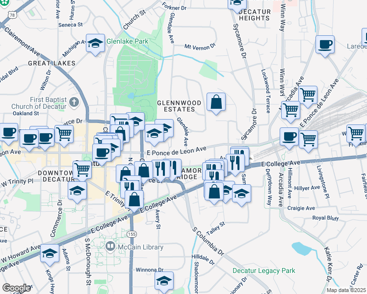 map of restaurants, bars, coffee shops, grocery stores, and more near 535 East Ponce de Leon Avenue in Decatur
