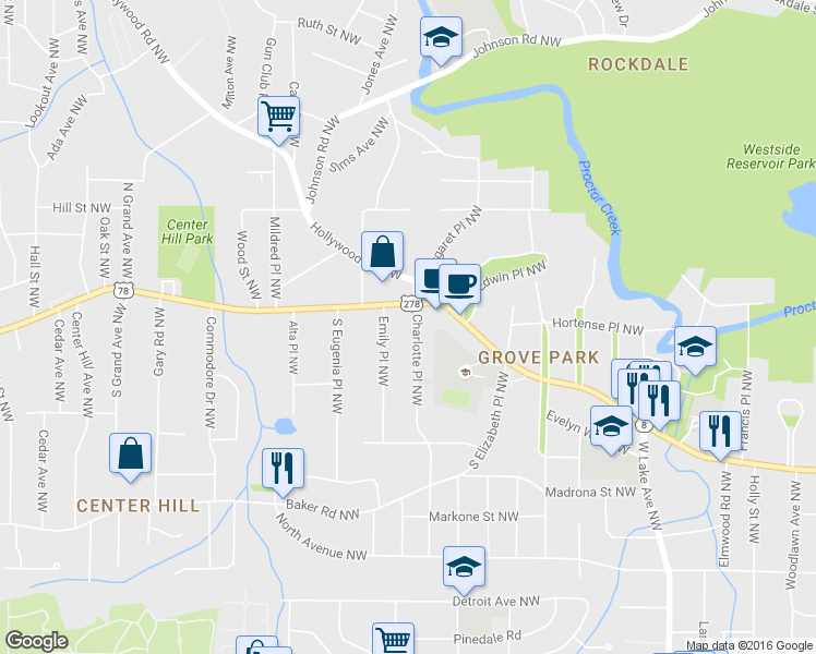 map of restaurants, bars, coffee shops, grocery stores, and more near 748 Charlotte Place Northwest in Atlanta
