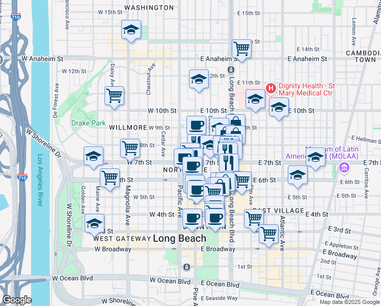 map of restaurants, bars, coffee shops, grocery stores, and more near 737 Pine Avenue in Long Beach