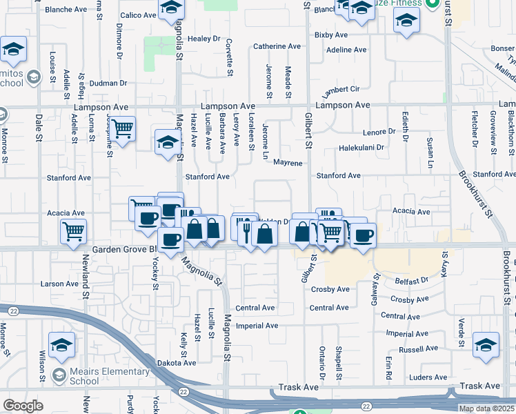 map of restaurants, bars, coffee shops, grocery stores, and more near 9282 Marietta Avenue in Garden Grove