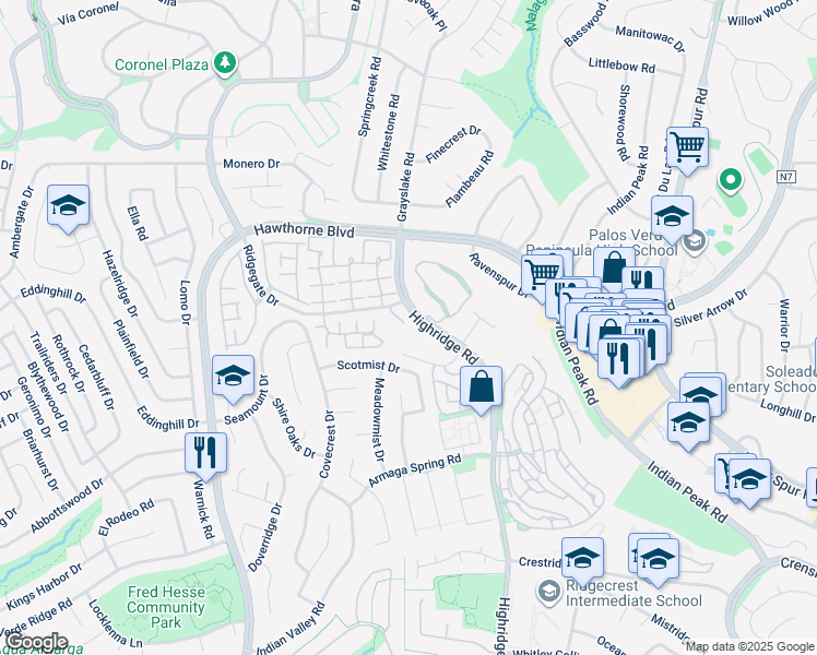 map of restaurants, bars, coffee shops, grocery stores, and more near 28109 Highridge Road in Rancho Palos Verdes