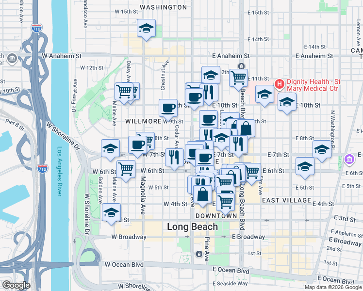 map of restaurants, bars, coffee shops, grocery stores, and more near 728 Cedar Avenue in Long Beach