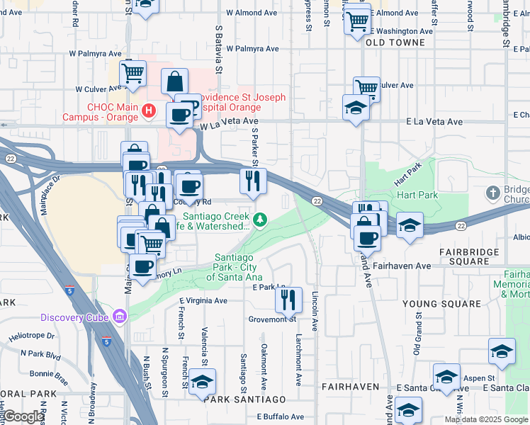 map of restaurants, bars, coffee shops, grocery stores, and more near 721 South Parker Street in Orange