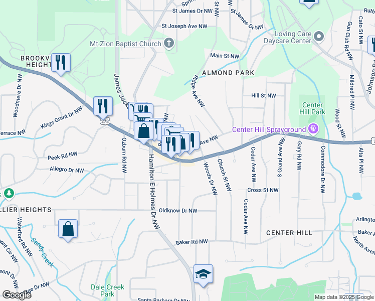 map of restaurants, bars, coffee shops, grocery stores, and more near 2548 Bellview Avenue Northwest in Atlanta