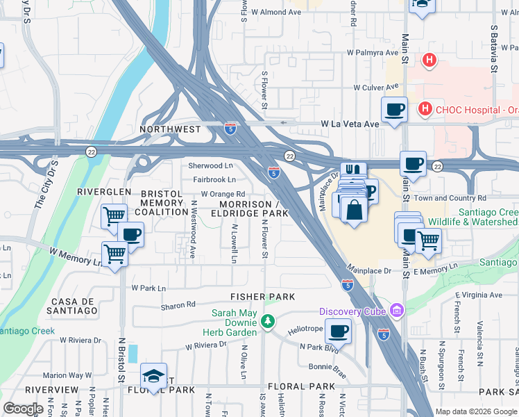 map of restaurants, bars, coffee shops, grocery stores, and more near 2828 North Flower Street in Santa Ana