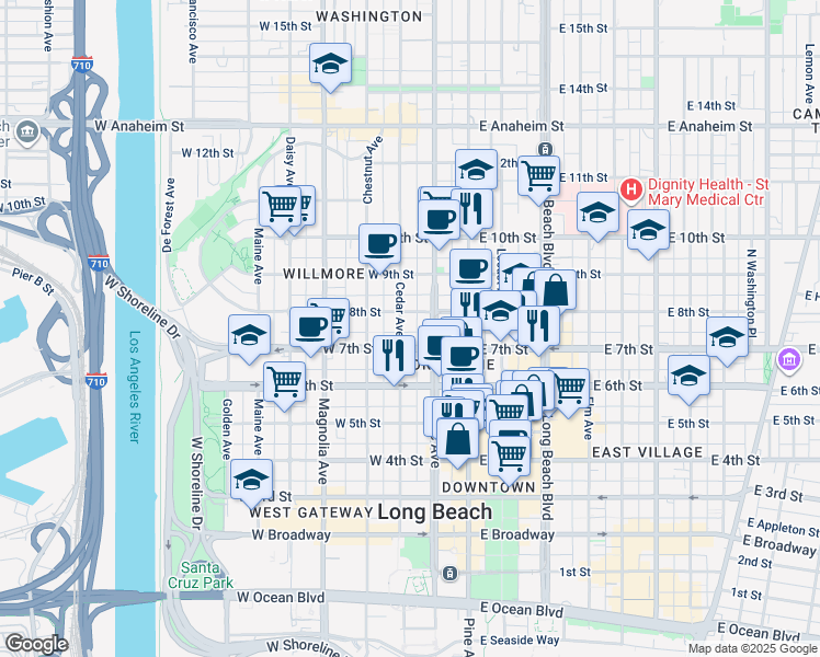 map of restaurants, bars, coffee shops, grocery stores, and more near 728 Cedar Avenue in Long Beach