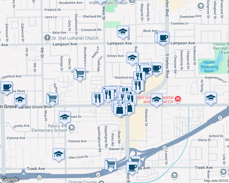 map of restaurants, bars, coffee shops, grocery stores, and more near 12071 Acacia Avenue in Garden Grove