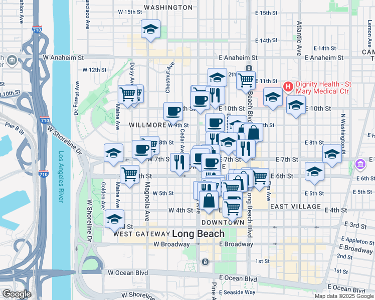 map of restaurants, bars, coffee shops, grocery stores, and more near 728 Cedar Avenue in Long Beach