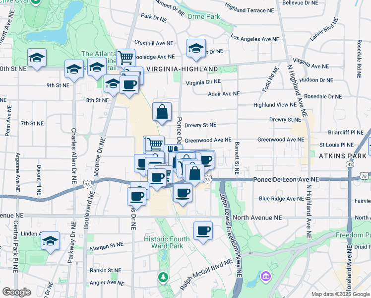 map of restaurants, bars, coffee shops, grocery stores, and more near 744 Saint Charles Avenue Northeast in Atlanta
