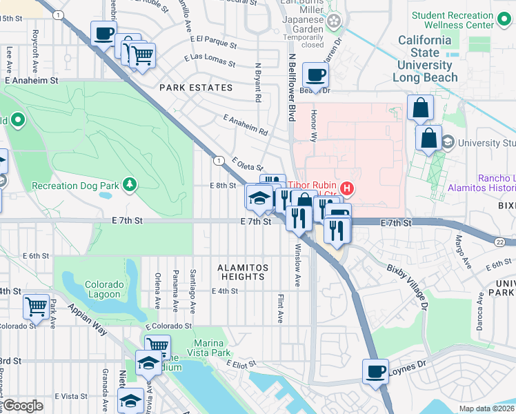 map of restaurants, bars, coffee shops, grocery stores, and more near 735 Ultimo Avenue in Long Beach