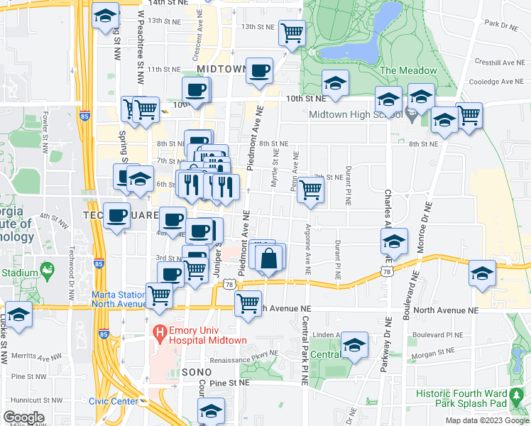 map of restaurants, bars, coffee shops, grocery stores, and more near 782 Myrtle Street Northeast in Atlanta