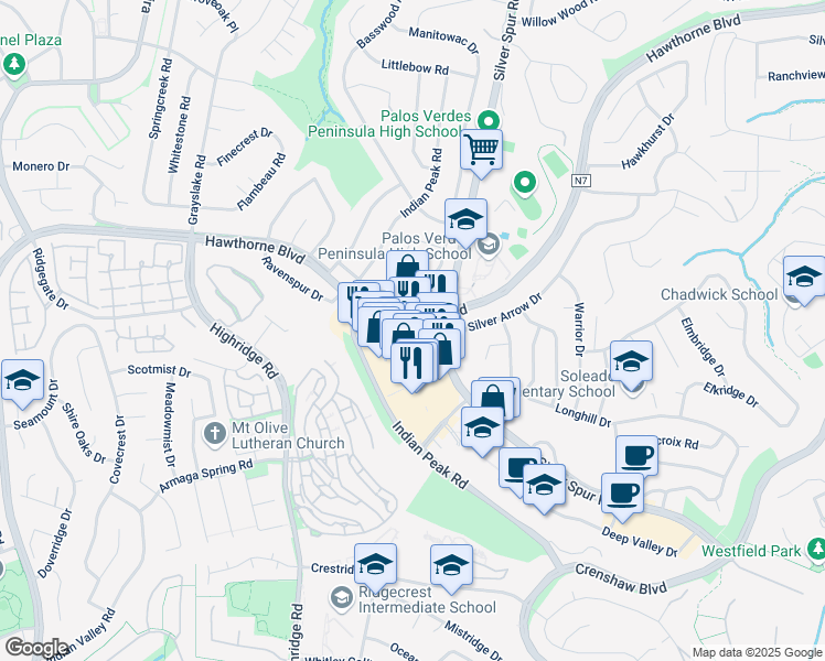 map of restaurants, bars, coffee shops, grocery stores, and more near 27400 Hawthorne Boulevard in Rolling Hills Estates