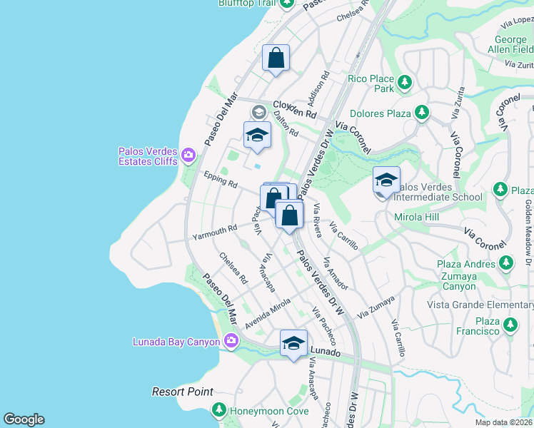 map of restaurants, bars, coffee shops, grocery stores, and more near 705 Yarmouth Road in Palos Verdes Estates