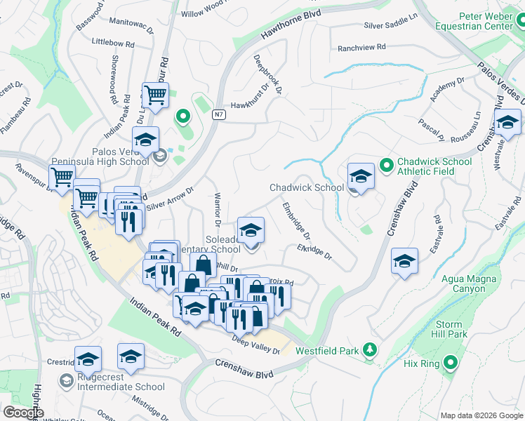 map of restaurants, bars, coffee shops, grocery stores, and more near 27427 Larchbluff Drive in Rancho Palos Verdes