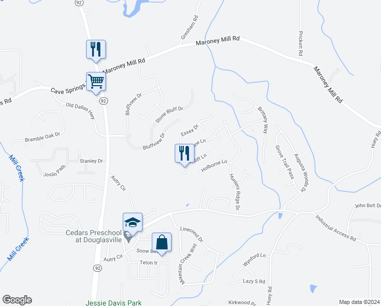 map of restaurants, bars, coffee shops, grocery stores, and more near 6389 Hillview Lane in Douglasville