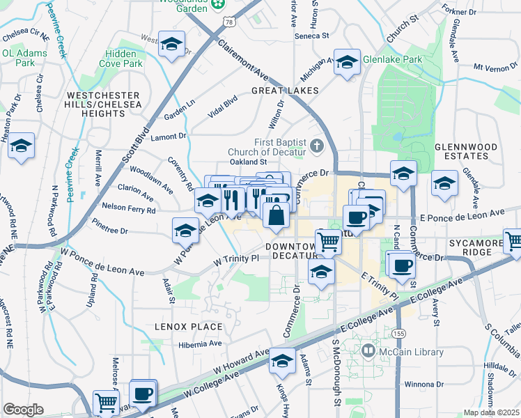 map of restaurants, bars, coffee shops, grocery stores, and more near 335 West Ponce de Leon Avenue in Decatur
