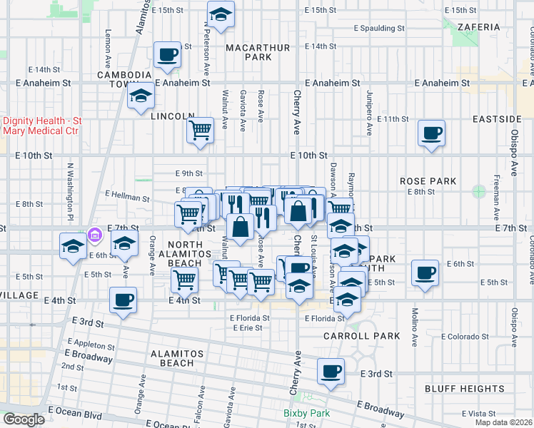 map of restaurants, bars, coffee shops, grocery stores, and more near in Long Beach
