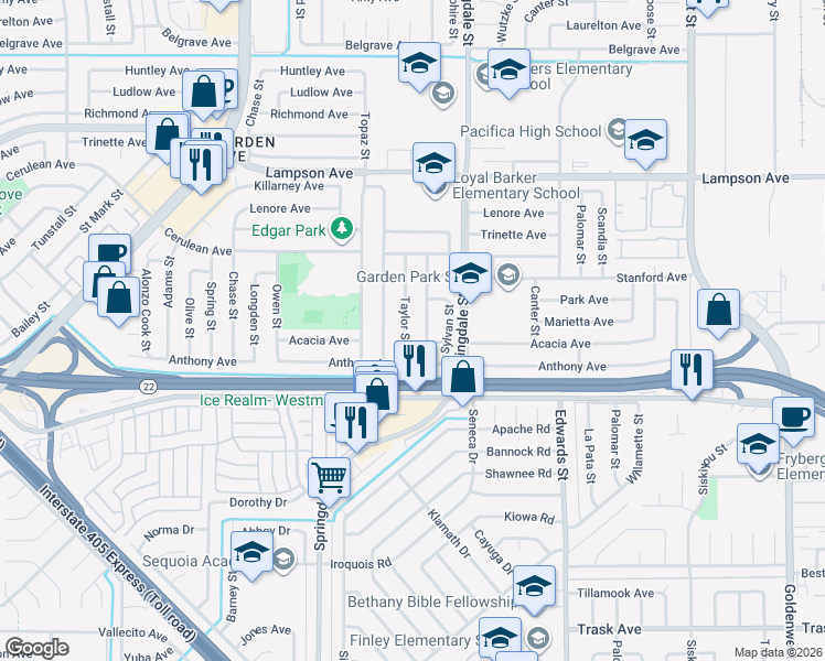 map of restaurants, bars, coffee shops, grocery stores, and more near 6382 Acacia Avenue in Garden Grove
