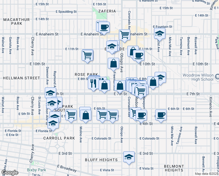 map of restaurants, bars, coffee shops, grocery stores, and more near 736 Orizaba Avenue in Long Beach