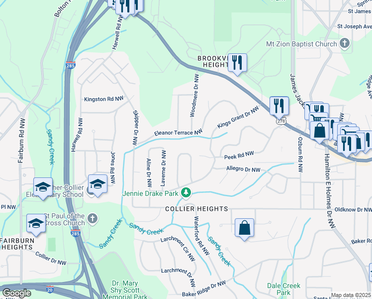 map of restaurants, bars, coffee shops, grocery stores, and more near 761 Caron Circle Northwest in Atlanta