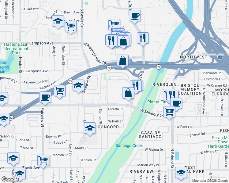map of restaurants, bars, coffee shops, grocery stores, and more near in Orange