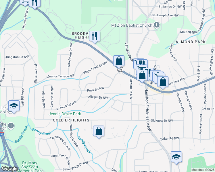 map of restaurants, bars, coffee shops, grocery stores, and more near 2850 West Peek Road Northwest in Atlanta