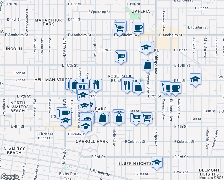 map of restaurants, bars, coffee shops, grocery stores, and more near 732 Molino Avenue in Long Beach