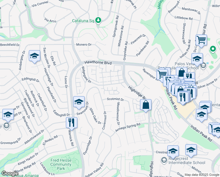 map of restaurants, bars, coffee shops, grocery stores, and more near 28170 Ridgecove Court South in Rancho Palos Verdes