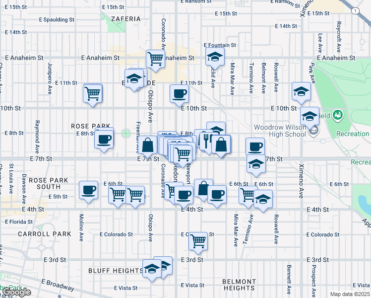 map of restaurants, bars, coffee shops, grocery stores, and more near 735 North Newport Avenue in Long Beach