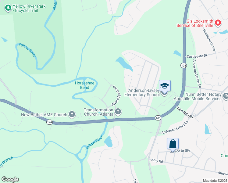 map of restaurants, bars, coffee shops, grocery stores, and more near 4715 Riveredge Cove in Snellville
