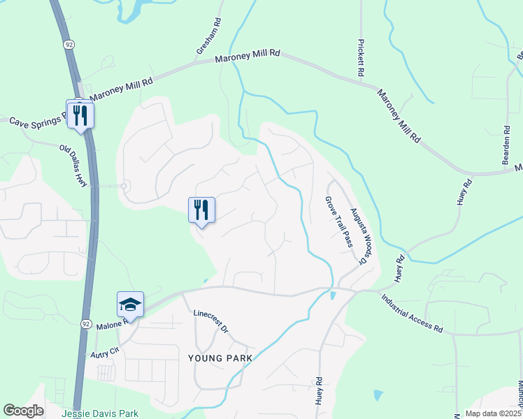 map of restaurants, bars, coffee shops, grocery stores, and more near 7420 Hunters Ridge Drive in Douglasville