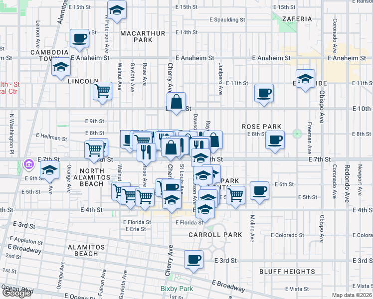 map of restaurants, bars, coffee shops, grocery stores, and more near 732 Saint Louis Avenue in Long Beach