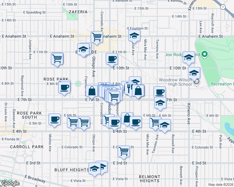 map of restaurants, bars, coffee shops, grocery stores, and more near 735 Newport Avenue in Long Beach