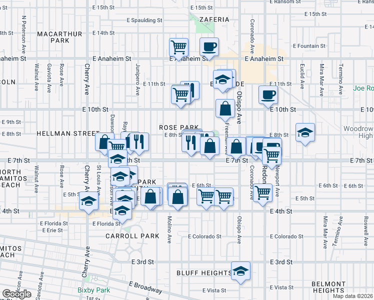 map of restaurants, bars, coffee shops, grocery stores, and more near 735 Temple Avenue in Long Beach